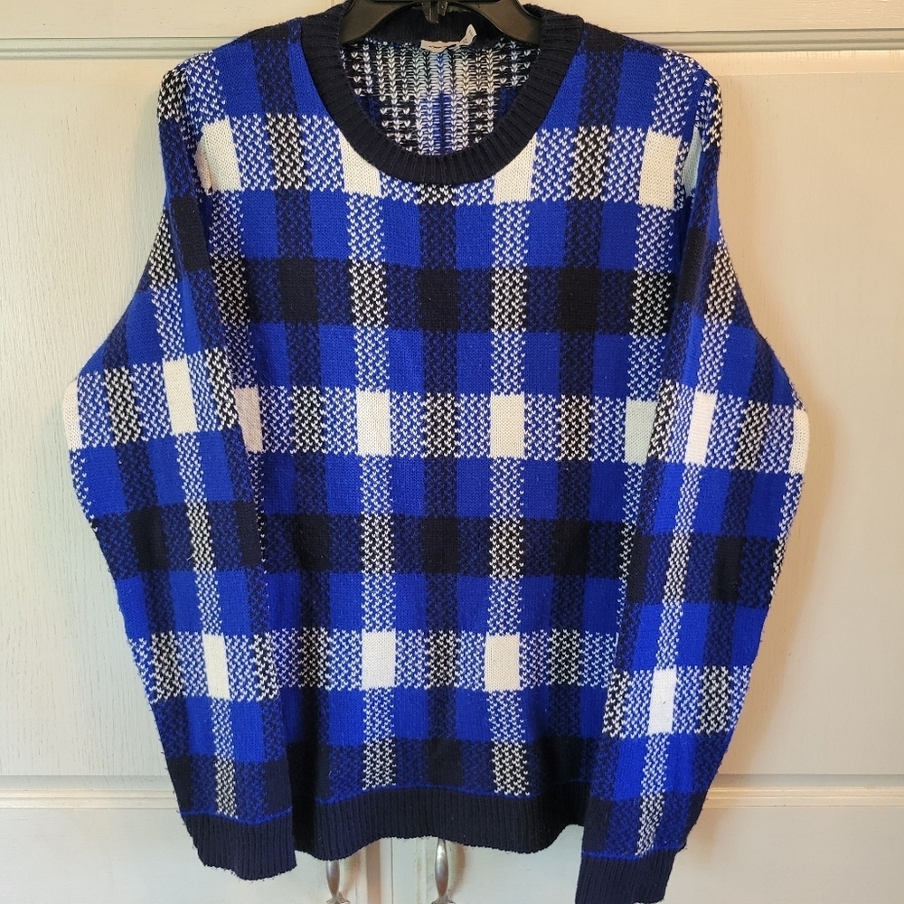ASOS Blue Black White Plaid Knit Sweater